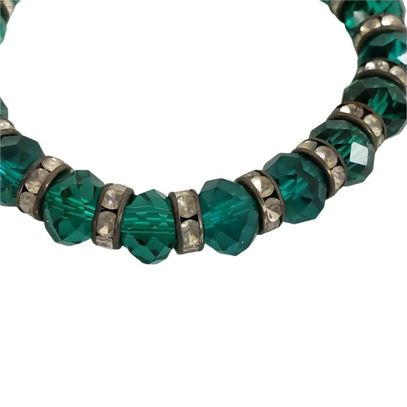 Womens Bracelet Ring 2 Piece Set Stretch Green Faceted Glass Rhinestone Vintage - Picture 2 of 9